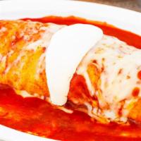 Burrito Mojado · Choice of meat, rice, beans, onions, cilantro and salsa wrapped in a large flour tortilla co...