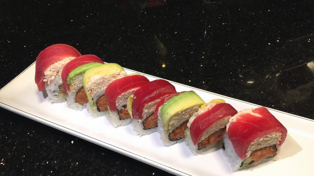 Pink Lady · In: Spicy Tuna and Cucumber. Top: Tuna, Avocado, Masago, Green onion, Spicy mayo, Soy mustard sauce.