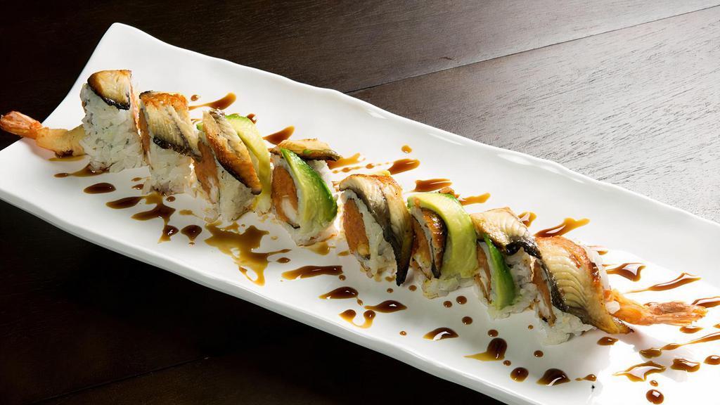 Dragon · In: Spicy tuna and shrimp tempura. Top: Eel, avocado, crunch, and eel sauce.