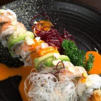 Shrimp Lover · In: Snow crab and shrimp tempura. Top: Shrimp, avocado, masago, green onion, eel sauce, spic...