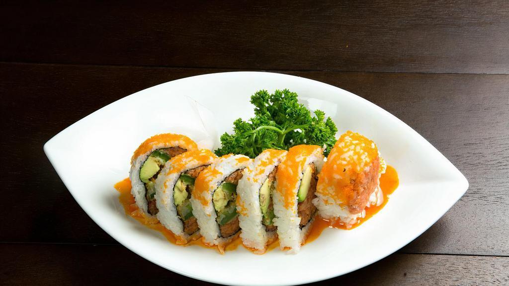 Bakersfield · In: Spicy tuna, fried jalapeño, and avocado. Top: Masago, Eel sauce, and spicy mayo.