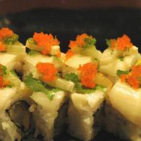 Zesty Ono · In: Spicy tuna and shrimp tempura. Top: Ono, avocado, lemon slices, red onion, masago, green...