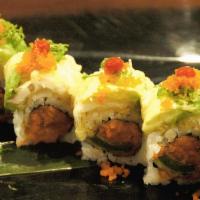 Ex-Girlfriend · In: Spicy tuna and fried jalapeño. Top: Fried white fish, masago, green onion, eel sauce, an...