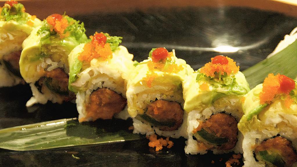 Ex-Girlfriend · In: Spicy tuna and fried jalapeño. Top: Fried white fish, masago, green onion, eel sauce, and spicy mayo.
