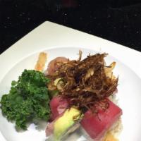 Red Dragon · In: Spicy crab meat and shrimp tempura. Top: Tuna, Avocado, Fried garlic and onion, Masago, ...