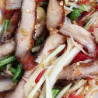 Moo Tok Krok · Grilled pork with Green papaya salad with green bean, tomato, peanut and dried shrimp; spicy...