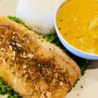Fish Curry With Rice · Seabass fish breaded and fried with curry and steamed rice.