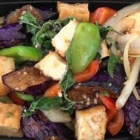 Eggplants Lover · Stir-fried Eggplants, onion, bell pepper and fresh basil with the basil sauce