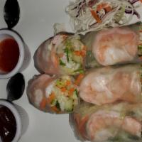 Fresh Spring Roll · Tofu or shrimp, lettuce, carrot, cucumber, mint, cilantro, rice noodles wrapped in rice pape...