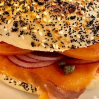 Lox Sandwich · Plain cream cheese,  smoked salmon, red onion, capers, tomatoes