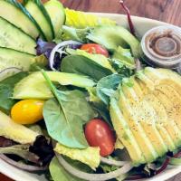 Veggie Salad · Mixed greens, romaine, red onions, celery, grape tomatoes, cucumber, avocado with balsamic v...