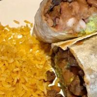 Carne Asada Burrito · Carne asada, ranchero beans, pico de gallo, and guacamole.