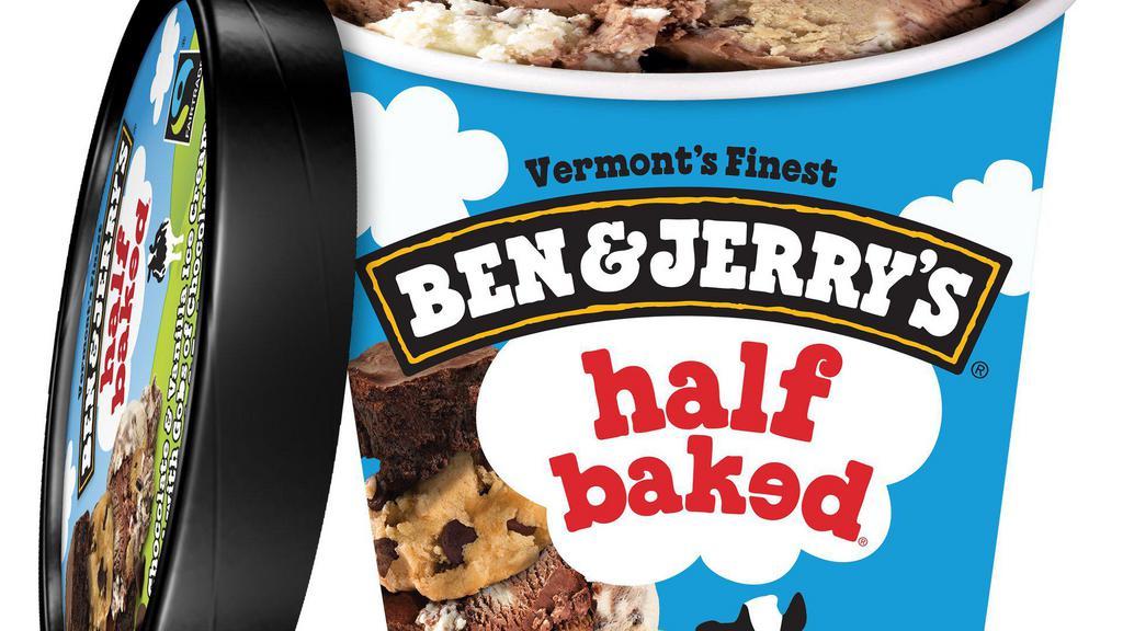 Ben & Jerry'S Half Baked · A delectable dance of chocolate chip cookie dough and chocolate fudge brownie. Vanilla ice cream and chocolate ice cream with chunks of cookie dough and fudge brownies—it’s hard to imagine a better combination.