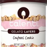 Talenti Layers Confetti Cookie · Vanilla gelato​, a layer of vanilla cookie pieces, followed by​ pink frosting​, another laye...