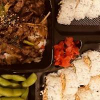 Beef Teriyaki Bento · Served with California Roll, Salad, Edamame, Miso
Soup, Steamed Rice and Choice of Side.