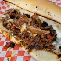 The Cali Cheese Steak · Tender (Meal Aleak, Grilled Red Onions, Cherry Peppers, Bell Peppers with Swiss cheese<br />