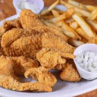 Catfish With Fries · Golden catfish fillet and fries. Comes with (1) hot sauce and (1) tartar sauce and ketchup.