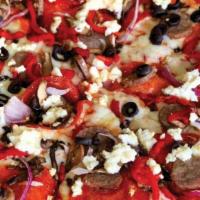 Lg Tribune ^ · Red sauce, mozzarella, pepperoni, red onion, mushroom, roasted red bell peppers, sweet Itali...