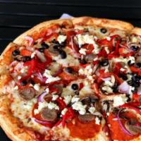 Xl Tribune ^ · Red sauce, mozzarella, pepperoni, red onion, mushroom, roasted red bell peppers, sweet Itali...
