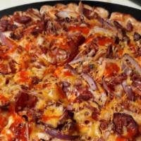 Buffalo Chicken · Spicy garlic sauce, Mozzarella cheese, buffalo style chicken, red onions, bacon linguica, a ...
