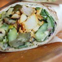 Chicken Kabob Wrap · Wrapped with romaine lettuce, cucumbers, tomatoes, pickles, hummus spread, tahini and garlic...