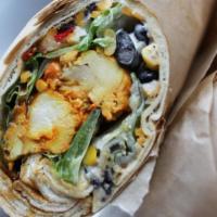 Bbq Chicken Wrap · White meat. Wrapped with romaine lettuce, corn, black beans, tomatoes, scallions and tortill...