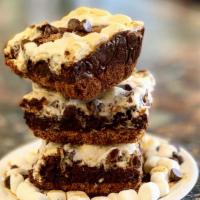 S'Mores Brownie Bar · graham cracker crust, brownie center, roasted marshmallows on top