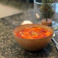 Borscht Soup (12 Oz) · 12 oz. cup of beef stew with cabbage, beets, carrots, potatoes, and onions.