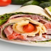 Chef'S Wrap · Ham, turkey, Jack and Cheddar cheese, romaine lettuce, tomatoes, cucumbers, and thousand isl...