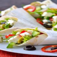 Greek Salad Wrap · Feta cheese, romaine lettuce, red onions, artichoke, banana peppers, kalamata olives, tomato...