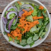 Romaine Salad · Cucumber, red onion, and carrots, with balsamic vinaigrette.