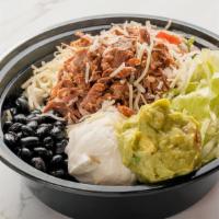 Carnitas Burrito Bowl · Rice, beans, pico de gallo, sour cream, mild salsa, jack cheese, guacomole, shredded lettuce...