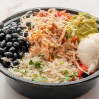 Chicken Burrito Bowl · Rice, beans, pico de gallo, sour cream, mild salsa, jack cheese, guacomole, shredded lettuce...