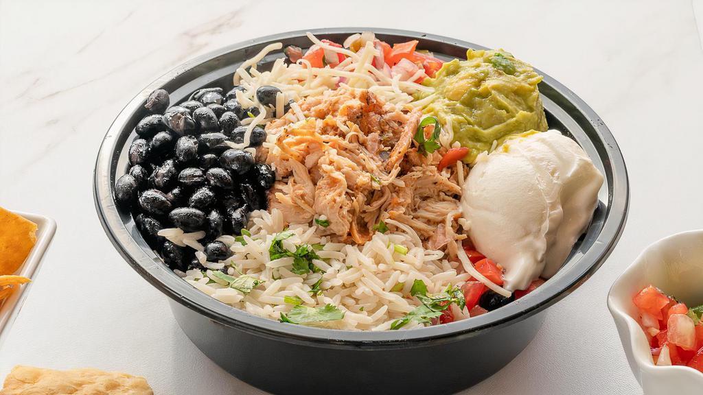 Carnitas Burrito Bowl · Rice, Black Beans, Monterey Jack Cheese, Carnitas, Pico de Gallo, Salsa, Sour Cream, and Guacamole