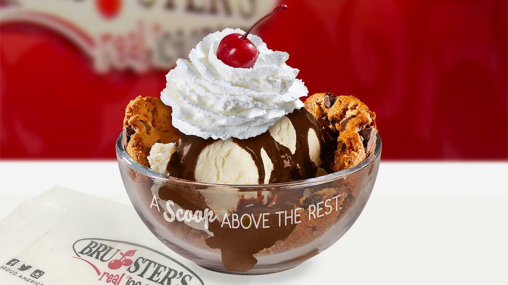 Chocolate Chip Cookie Sundae · We take a warm gourmet chocolate chip cookie and top it with ice cream flavor of your choice, hot fudge, whipped cream and a cherry.