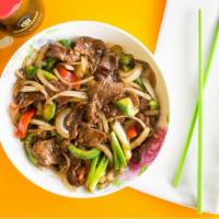 Mongolian Beef · Beef, white onion, green onion, and oyster sauce, served with steamed rice.