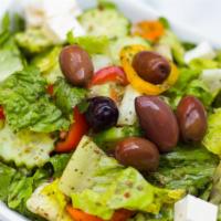 Greek Salad · Vegetarian and gluten-free. Iceberg lettuce, cucumber, tomato, bell pepper, dry mint, oregan...