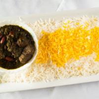 Ghormeh Sabzi · Mixture of herbs, kidney beans and beef chunks served with a side of basmati rice.