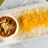Gheimeh · Blend of yellow split peas, fried onions, beef chunks and topped with  shoestring potatoes, ...