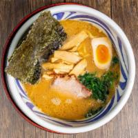 Tonkotsu · Broth: Pork Born / Sauce: Soy Sauce / Noodle: Thick / Toppings: Chashu Pork, Egg, Bamboo, Se...