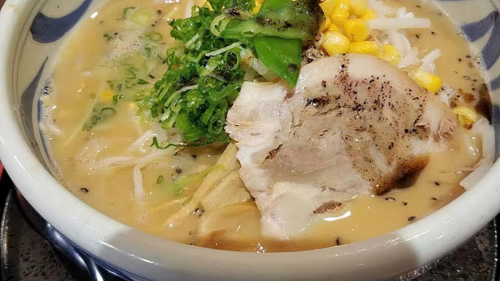 Tonkotsu Miso · Broth: Pork Born / Sauce: Miso / Noodle: Thick / Toppings: Chashu Pork, Bamboo, Green onion, Corn, Bean sprouts, Snow pea, Black sesame