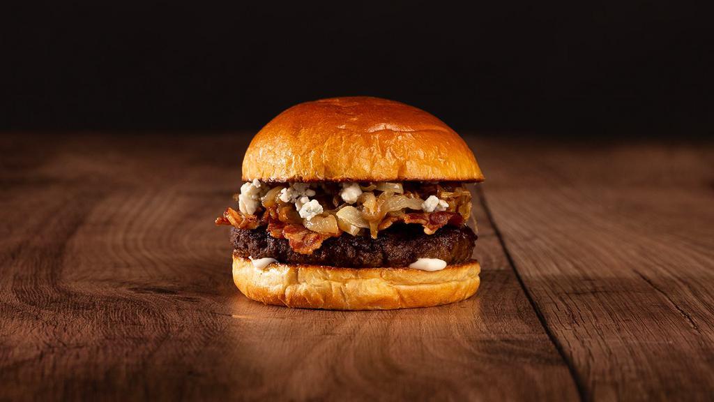The Bacon Blue Cheese Burger · Beef patty, bacon, caramelized onions, mayo, and blue cheese crumbles on a bun.