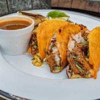 3 Birria Quesatacos · 3 cheesy beef birria tacos quesatacos. Each taco served on a large all natural yellow corn t...