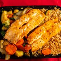 Salmon Plate · Six oz. of salmon. Served with steamed rice and vegetables.