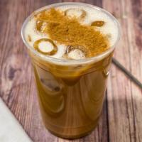 Shroom Brew · Vanilla bean cold brew, oat milk, vanilla, honey, lions mane mushroom, (optional) cinnamon d...