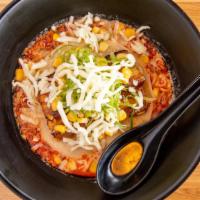 Spicy Cheese Ramen · Spicy. Pork broth, chili spicy, bean sprout, cheese, corn, green onion.