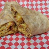 Breakfast Burritos · Two eggs, hash brown, sausage, bacon, ham, cheese, and green salsa.