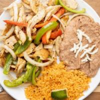 Fajitas Plate · Meat, rice, and beans, tortillas, and salsa, drink