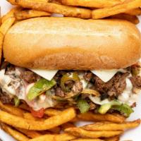 Philly Cheese Steak Combo · yellow peppers,bell peppers, mushrooms,onions,cheese,mayo,fries,drink