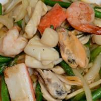 Seafood Mint Leaves · Hot and spicy. Varieties of seafood stir fried with garlic and green chili.